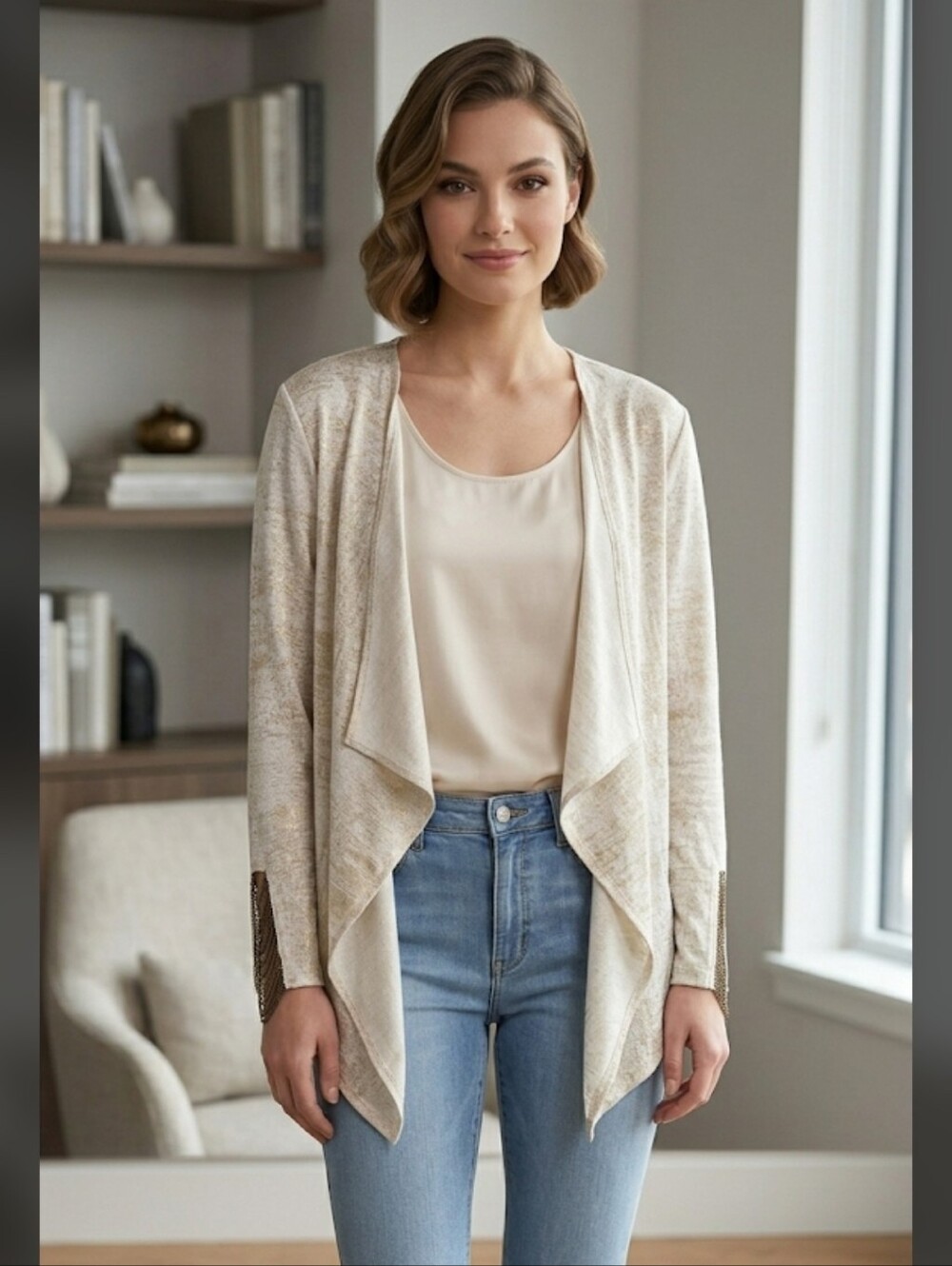 Frank Lyman Women Cardigan Size 12 (M) long Sleeves W/ Decor Open Front